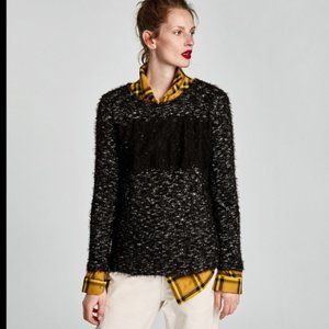 Zara Black and Cream Fuzzy Sweater, Lace Detail